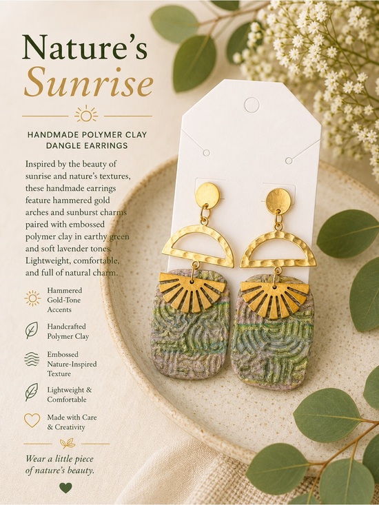 Handmade Jewelry - Handmade Green & Lavender Polymer Clay Dangle Earrings with Gold Accents